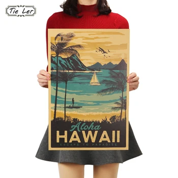 KRAVATU LÁTOR Hawaii Aloha Preslávené Turistické krajinomaľbou Kraft Papier Bar Plagát Vintage Ozdobné Maľovanie na Stenu, Nálepky 51x34cm