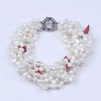 Kreatívne krásny 5 riadkov, bielych sladkovodných perál chili pepper red koralový náhrdelník a náramok šperky set