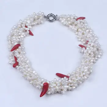 Kreatívne krásny 5 riadkov, bielych sladkovodných perál chili pepper red koralový náhrdelník a náramok šperky set