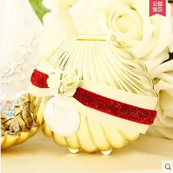 Kreatívne Zlatá Shell Candy Box s Kvetinou a Červenou Stuhou Balenie Box Svadobné Party Darček Conch Candy Boc