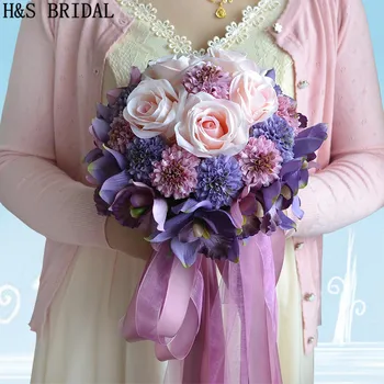 Krásna Fialová Ružová Farba Svadobné Bridesmaid, Kvetinové svadobné kytice umelý kvet ruže svadobné kytice