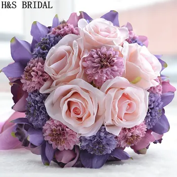 Krásna Fialová Ružová Farba Svadobné Bridesmaid, Kvetinové svadobné kytice umelý kvet ruže svadobné kytice