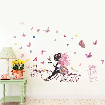 Krásne Dievča Motýľ Flower Art Stenu, Nálepky Pre Domova DIY Osobnosti nástenná maľba Detská Izba Detská Dekorácia, Tlač Plagátu