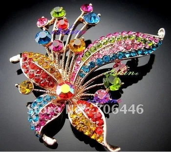 Krásne Strieborné Pozlátené Muticolor Ohromujúci Drahokamu Crystal Motýľ Brošňa Pin