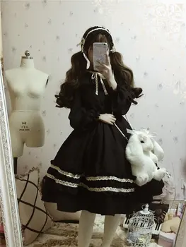 Krémová hnedá Viktoriánskej Lolita Klasická elegancia dlhým rukávom šaty black