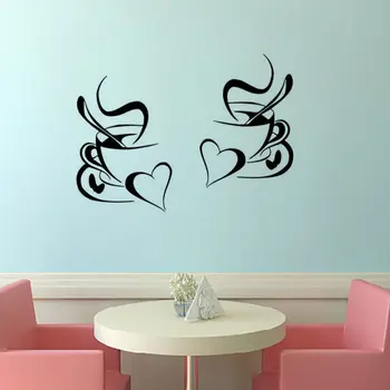 Kuchyňa stenu, nálepky, káva, 2ks šálku kávy so srdcom kuchyne vinylové fólie wall art decor odtlačkový nálepky 30x20cm nástenná maľba D724