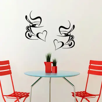 Kuchyňa stenu, nálepky, káva, 2ks šálku kávy so srdcom kuchyne vinylové fólie wall art decor odtlačkový nálepky 30x20cm nástenná maľba D724