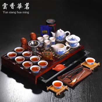 Kung fu čaj nastaviť celý kanvica súbor modré a biele porcelánové, keramické kanvica masívneho dreva čaju zásobník čajový obrad