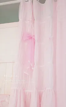 Kvalita ružová/biela princezná čipky záves pre obývacia izba okenné záclony svadobné dekorácie sladké luk volie cortinas na mieru