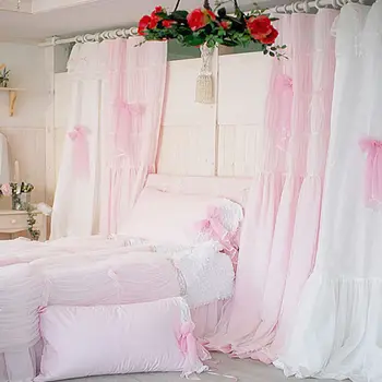 Kvalita ružová/biela princezná čipky záves pre obývacia izba okenné záclony svadobné dekorácie sladké luk volie cortinas na mieru
