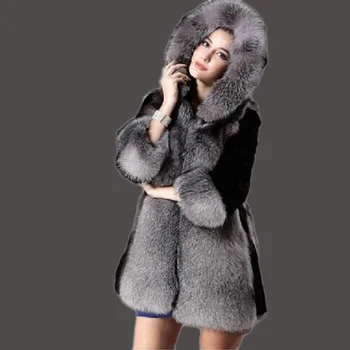 Kvalitné umelé kožušiny kabát 2017 nové kapucňou kožušiny žena kožušinový kabát králik vlasy teplou dlhým rukávom kožušiny žien dlhá srsť