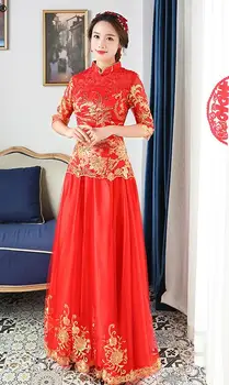 Kvalitné Červené Ženy Čínske Tradičné Šaty Červené Svadobné Svadobné Šaty Čínsky štýl svadobných šiat Žena výšivky Šaty