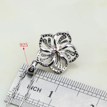 Kvet 925 Sterling Silver White Cubic Zirconia Ružová Imitácia Perly Šperky Set Pre Ženy Darček Náušnice/Krúžok/Prívesok/Náhrdelník