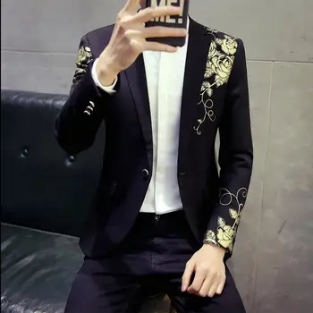 Kvetinový vzor mens tlač vyhovuje farba mládež kórejský kaderníčky mužov malé sako british jaqueta masculina black M - 2XL