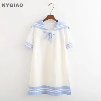 KYQIAO kawaii šaty na mori dievčatá v lete Japonský štýl roztomilý krátky rukáv námorník golier, biela, modrá bowknot jednodielne šaty