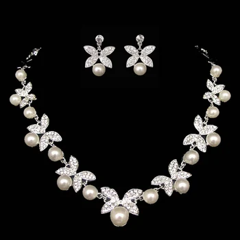 Kórea Štýl Svadobné Šperky White Butterfly Tvarované Crystal Drahokamu Napodobniť Perlový Náhrdelník Náušnice Nastaviť