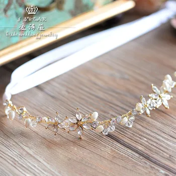 Kórejský Golden Pearl crystal hlavový most nevesta svadobné headdress s hairband svadobné doplnky do vlasov