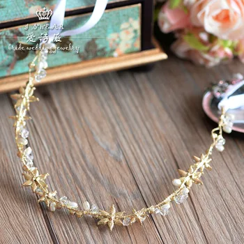 Kórejský Golden Pearl crystal hlavový most nevesta svadobné headdress s hairband svadobné doplnky do vlasov