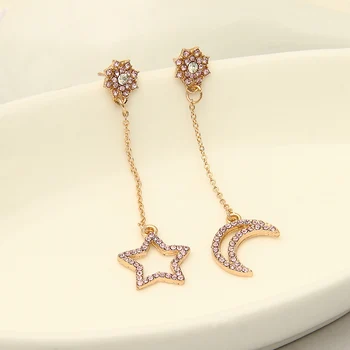 Kórejský šperky veľkoobchod módne nový mesiac a hviezdy asymetrický ženské modely dlho zliatiny zinku drahokamu náušnice E--0025