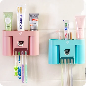 Kúpeľňové Doplnky Wall Mount Automatické Zubná Pasta Vytláčacie Kefka Držiteľ Box + Dve Opláchnite Poháre Kúpeľňa Polica