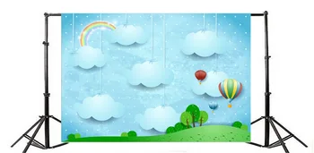 Laeacco Detská Kresba Rainbow Cloud Hot Balón Strom Fotografické Pozadie Prispôsobiť Fotografie Pozadia Pre Photo Studio