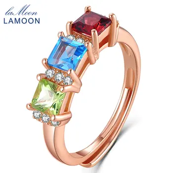 LAMOON 1.5 ct 5mm Námestie Červený Granát Zelená Peridot Blue Topaz 925 sterling-striebro-šperky, Svadobné Krúžok Pre Ženy LMRI010