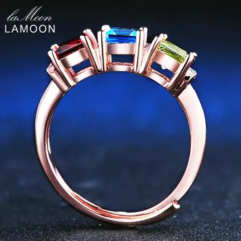 LAMOON 1.5 ct 5mm Námestie Červený Granát Zelená Peridot Blue Topaz 925 sterling-striebro-šperky, Svadobné Krúžok Pre Ženy LMRI010