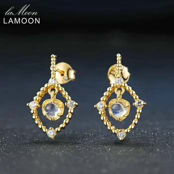 LAMOON 14K Žltého Zlata Stud Náušnice 925 sterling-striebro-šperky, Prírodné Blue Moon kameň Strany Náušnice pre Ženy Brincos EI051