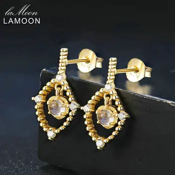 LAMOON 14K Žltého Zlata Stud Náušnice 925 sterling-striebro-šperky, Prírodné Blue Moon kameň Strany Náušnice pre Ženy Brincos EI051