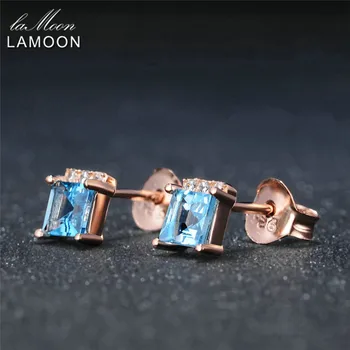 LAMOON Blue Topaz Stud Náušnice pre Ženy Prírodné Námestie 925 Sterling-striebro-šperky Ruže Pozlátené Náušnice Bincos EI046