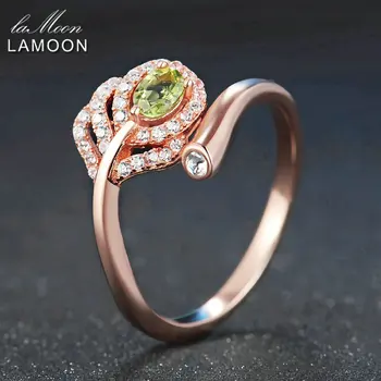 LAMOON Klasické Leaf Prírodné Oválne Zelená Peridot 925 Sterling Silver Ring Ženy Šperky S925 Rose Gold Plated LMRI055