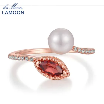 LAMOON Prstene Pre Ženy Prírodné Červený Granát & Sladkovodné Perly 925 Sterling Silver Šperky, Snubné prstene Strany Krúžok Anillo RI048