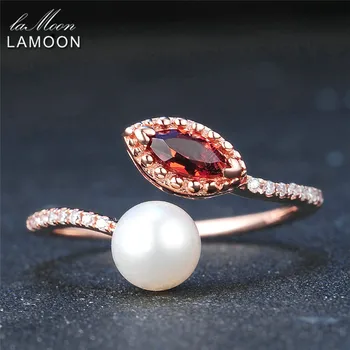 LAMOON Prstene Pre Ženy Prírodné Červený Granát & Sladkovodné Perly 925 Sterling Silver Šperky, Snubné prstene Strany Krúžok Anillo RI048