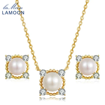 LAMOON Prírodné Perly Šperky Set 925 Sterling Silver Strany Svadobné Šperky Jemný Náhrdelník Náušnice, Sety Pre Ženy V036-2