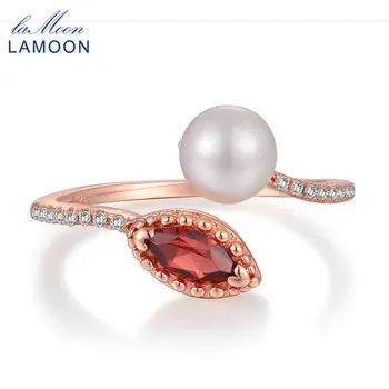 LAMOON Prírodné Červený Granát Sladkovodné Perly 925 Sterling Silver Šperky Svadobný Prsteň s S925 Pre Ženy LMRI048