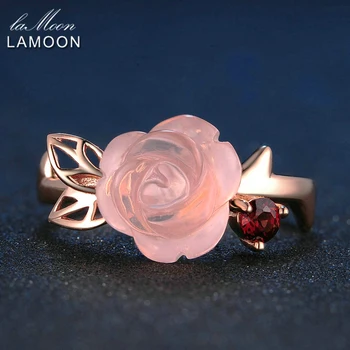 LAMOON Ruže Kvet 9mm Prírodné Ružové Ruže Kremeňa Nastaviteľný Krúžok 925 Sterling Silver Šperky pre Ženy, Svadobné LMRI025