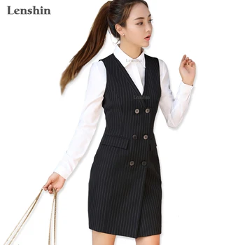 Lenshin Ženy Black Dve Vrecká bez Rukávov Pruhované Šaty V-krku Zips Slim Pracovné oblečenie Office Lady S Podšívkou