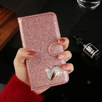 Lesk Flip Cover obal pre Samsung S8 S9 Plus S7 Okraji Poznámka 8 Hoesje Luxusné PU Kožené Capa So Srdcom v Tvare Diamantu
