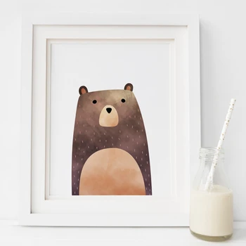 Lesné Zviera Medveď Wall Art Plátno Tlač a Poster , Škôlka Zvierat Medveď Plátno na Maľovanie Obrazu Detská Izba Decor