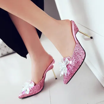 Letné nový príchod kovové vysokým podpätkom dámy sandále kvet papuče dámske topánky Európskej Americký sexy papuče jednej topánky