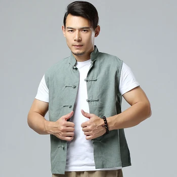 Letné Čínsky štýl, čistá bielizeň pánske košele bez rukávov ležérne pánske tričko mäkké pohodlné topy 4 farby