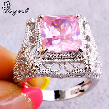 Lingmei Vysoké Množstvo Big Pink CZ Striebornú Farbu a Veľkosť Prsteňa 6 7 8 9 10 11 Sladké Romantické Módne Európske Ženy Šperky Veľkoobchod