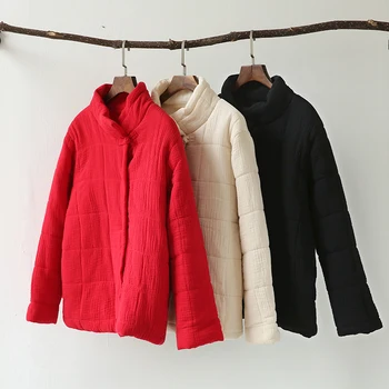 LIZHIQI ženy Zimný Kabát 2017 vintage krátke skrčil bunda zahusťovanie bavlna-čalúnená turtleneck červená čierna topy