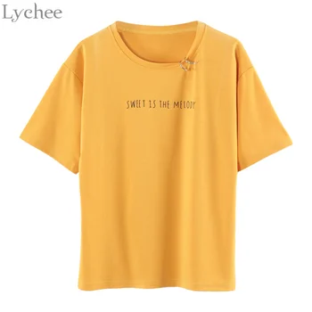 Liči Harajuku Lete Ženy Tričko Krúžok List Tlač Príležitostné Voľné Krátke Rukáv Tričko Tee Top Žena