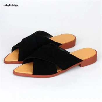 LLXF Super Veľkosť:35-42 43 módne Letné Stiletto cowhide Sandále originálne kožené Papuče ležérne topánky žena čerpadlá mujer zapatos