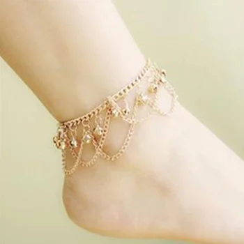 LNRRABC Boho Ponožky Pre Ženy Populárna Zlatá Farba Zliatiny Dievčatá Bell Anklet Perličiek Reťazca Strapec Naboso Sandál Pláži Nohy Šperky