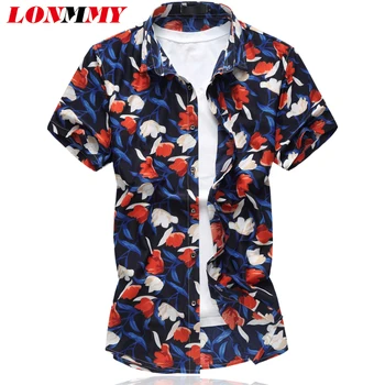 LONMMY M-6XL Kvetinový pánske šaty, košele camisa sociálne Bežné kvetinové Módne pánske košele, Krátke rukávy košele mužov 2018 lete