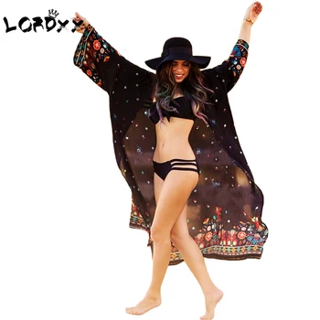 LORDXX Čierny Kvet Plážové Oblečenie Žien, Nové Letné Maxi Pláž A Ulice Vytlačené Kimono Bežné Long Beach Šaty