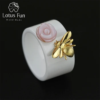 Lotus Zábava Reálne 925 Sterling Silver Prírodné Ručne Jemné Šperky Keramika Krúžok Roztomilý Bee Kiss from a Rose Prstene pre Ženy Bijoux