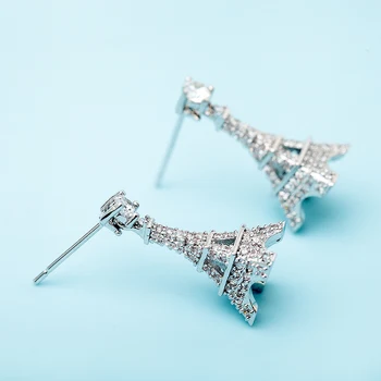 LUOTEEMI Nové Módne Šperky, Darček pre Ženu Roztomilý Micro CZ Kryštálmi Parížskej Eiffelovej Veže Stud Náušnice Biele Zlato-Farba Brincos